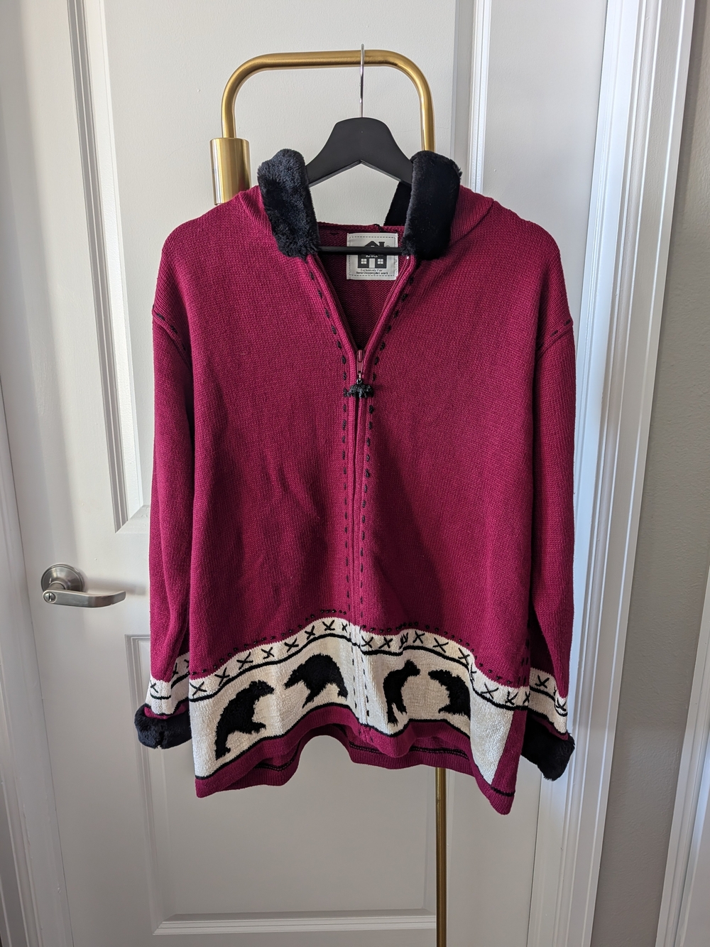 Vintage Storybook Knits Wine Hooded Cardigan with Black Faux Fur Trim